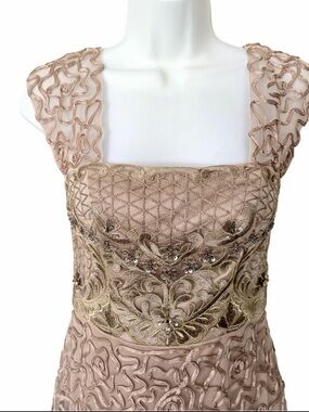 Sue Wong Beige Gold Embroidered Fully Lined Dress